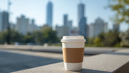 Coffee Cup On A Ledge, With Abstract Cityscape Background, Blurred And Sunlit.