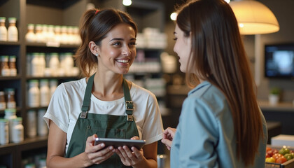 Smiling saleswoman using tablet in grocery store talking with customer. Saleswoman wearing apron stands with electronic pad at supermarket, repeats grocery store concept.