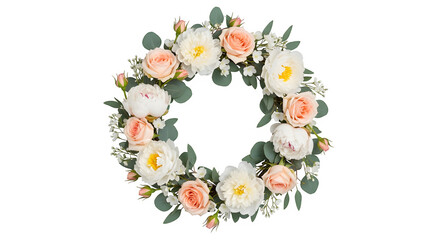 Beautiful floral wreath with roses, peonies and eucalyptus