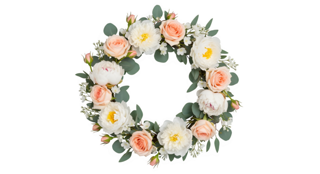 Beautiful floral wreath with roses, peonies and eucalyptus - Powered by Adobe