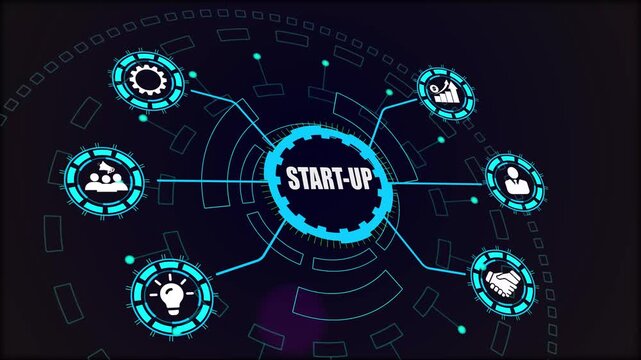 Start-up business development digital concept, visualizing the core elements of innovation, funding, and strategic growth planning for success.