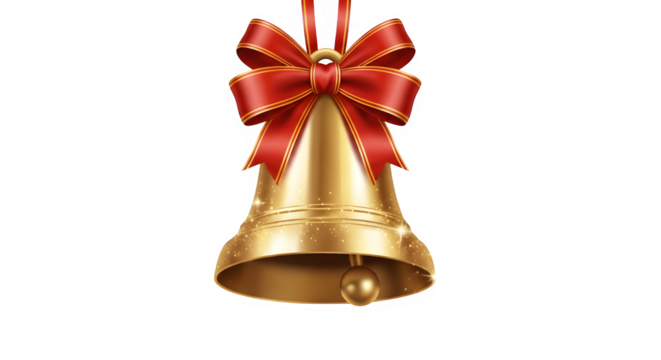 Golden christmas bell with red ribbon for festive decoration
