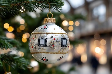 Technology christmas ornament hanging on a festive tree