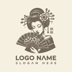 Japanese Geisha Holding a Fan Logo Vector Illustration - Elegant Woman Emblem