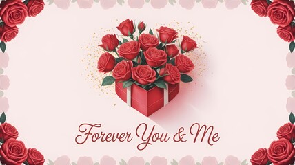A heart shaped box filled with red roses surrounded by a rose border with forever you and me text