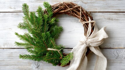 Minimalist Christmas wreath made of twigs and fir branches with rustic fabric bow on white wooden background. Eco-friendly holiday decoration in natural style