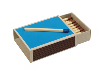Matchbox with blue head matches and a safety match on top, prepared for lighting and creating a flame