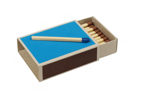 Matchbox with blue head matches and a safety match on top, prepared for lighting and creating a flame