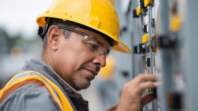 A man in a yellow hard hat is working on a piece of equipment. He is wearing a safety vest and goggles - Powered by Adobe