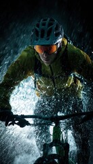 Mountain Biker in Reflective Jacket Rides Through Rainstorm in Cinematic Lighting