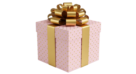 A pink gift box with gold ribbon and a large gold bow