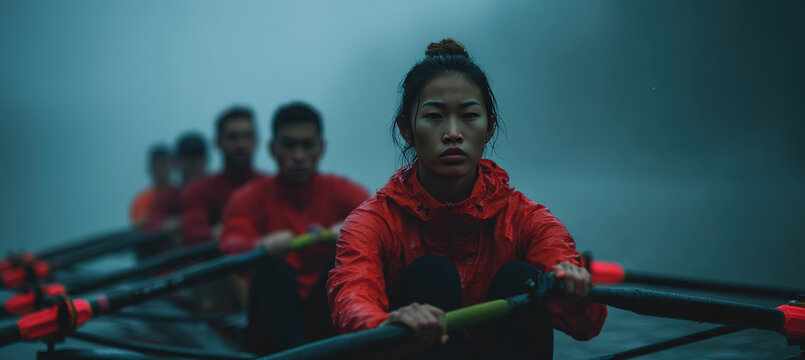 Mixed-Gender Rowing Crew with Asian Female Coxswain in Foggy River Scene - Powered by Adobe