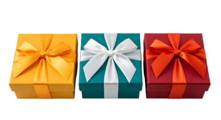 Three colorful gift boxes with ribbons and bows in yellow, teal, and red
