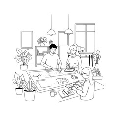 Three professional designers collaboratively sketching architectural plans and discussing ideas on a large table in a modern creative office studio