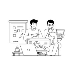 Three diverse business professionals analyzing data collaborating on laptops and a whiteboard within a modern office workspace for strategic planning