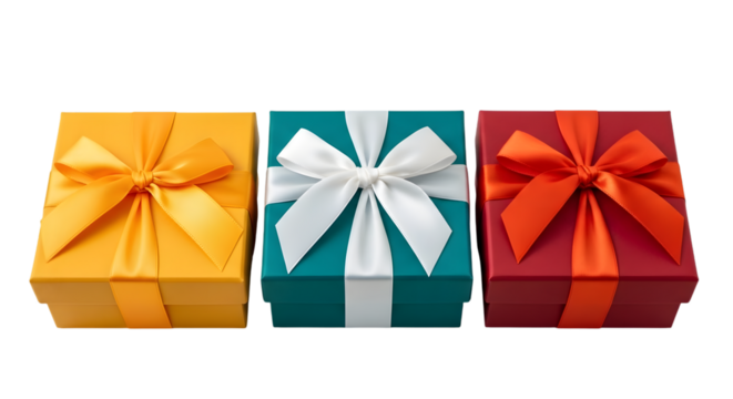 Three colorful gift boxes with ribbons and bows in yellow, teal, and red