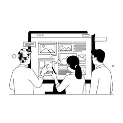 Diverse professional team collaborates discussing digital user interface design elements on a large monitor during a brainstorming session