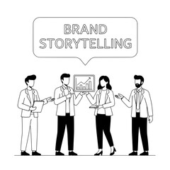 Diverse business professionals collaborate on brand storytelling strategy presenting growth analytics in a modern professional meeting