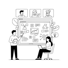 Virtual collaborative business team analyzing and presenting data during an online conference displaying various charts highlighting remote work efficiency