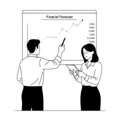 Two business professionals analyzing a financial forecast graph on a whiteboard in a modern office discussing company growth data