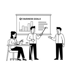 Professional business team presenting Q1 business goals with data charts in a modern office for strategic quarterly planning