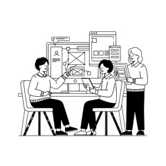 Three design professionals collaboratively reviewing UI UX wireframes on a desktop monitor in a modern productive office setting for software development