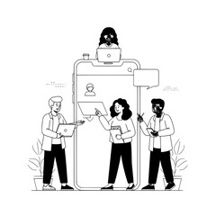 Diverse professional business team members collaborating digitally around a giant smartphone screen in a modern virtual workspace emphasizing online communication and teamwork