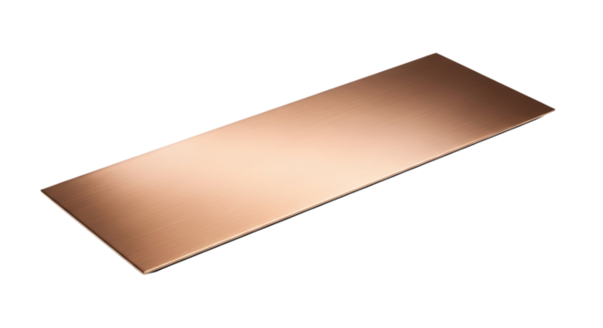 Brushed copper rectangular plate, subtle reflections and linear texture, isolated on white or transparent background, AI