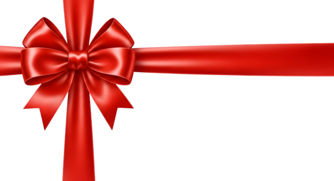 Red satin ribbon tied in a bow, forming a cross shape on a transparent background