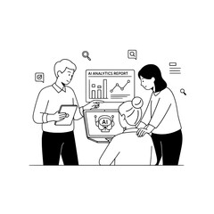 Diverse business professionals collaborate to analyze an AI analytics report on a laptop screen within a modern office workspace