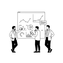 Three corporate professionals analyze business data charts on a large display discussing market trends in a meeting