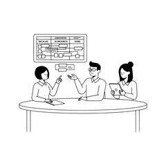 Three professionals actively discussing project management progress in a focused office meeting featuring a kanban board