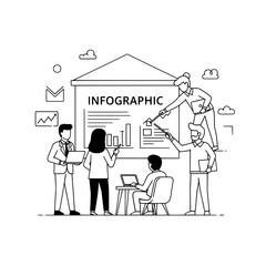Diverse business team members actively collaborate discussing and explaining a data-rich infographic presentation within a modern corporate meeting setting showcasing teamwork