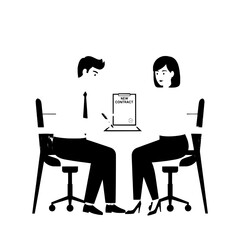 Business individuals a man and a woman signing a legal contract document at an office table during a formal negotiation highlighting a partnership agreement finalization