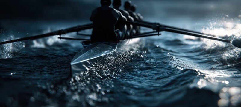 Dynamic Low-Angle Shot of Male Rowers in Sleek Boat on Waves