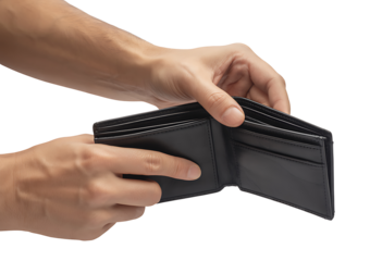 Hands holding empty black leather wallet, showing financial hardship and need for budgeting due to lack of money