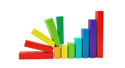 Colorful wooden blocks arranged like a bar graph, some falling, isolated on white or transparent background, AI