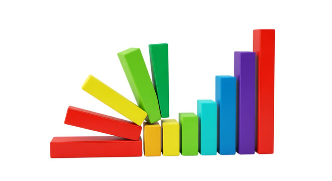 Colorful wooden blocks arranged like a bar graph, some falling, isolated on white or transparent background, AI