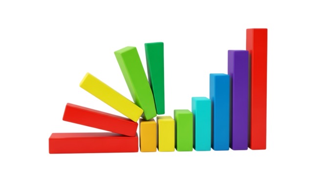 Colorful wooden blocks arranged like a bar graph, some falling, isolated on white or transparent background, AI
