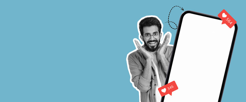 A cheerful man shows excitement while looking at a blank smartphone screen. The background is bright blue. Reaction icons show engagement numbers, highlighting social media interaction.