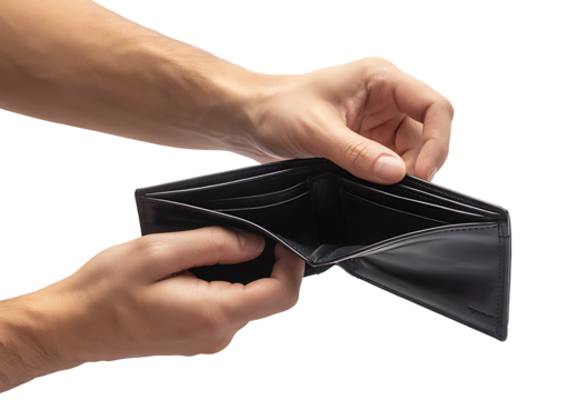Hands opening empty black leather wallet, indicating financial hardship, poverty, and economic downturn with no money inside