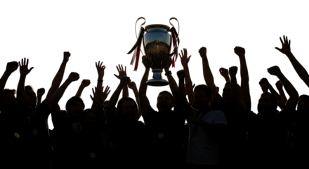 Group of people, celebrating holding up a trophy with red and white ribbons, cutout, PNG isolated on white or transparent background