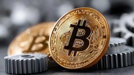 Bitcoin cryptocurrency coin resting on metal gears