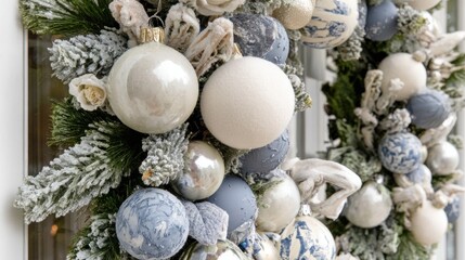 Obraz premium Elegant Christmas wreath in icy blue and silver tones with frosted pine branches and ornaments. Winter holiday decoration on sparkling background