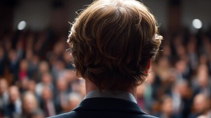 A man stands in front of a crowd, looking at the audience. The man is dressed in a suit and tie, and the audience is made up of people of various ages and genders. Concept of formality and importance