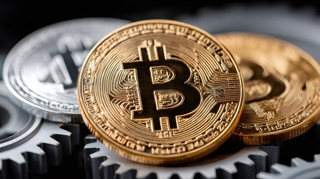Bitcoin cryptocurrency mechanism on gears representing blockchain technology
