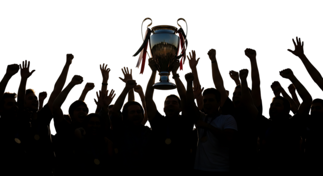 Group of people, celebrating holding up a trophy with red and white ribbons, cutout, PNG isolated on white or transparent background
