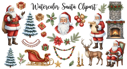 Watercolor christmas elements with santa claus, reindeer, trees, and fireplace