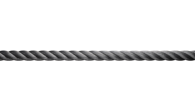 Shiny steel wire rope isolated on transparent background closeup, durable industrial metal cable with intricate twisted strands designed for heavy-duty support