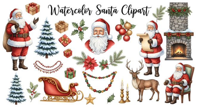 Watercolor christmas elements with santa claus, reindeer, trees, and fireplace - Powered by Adobe